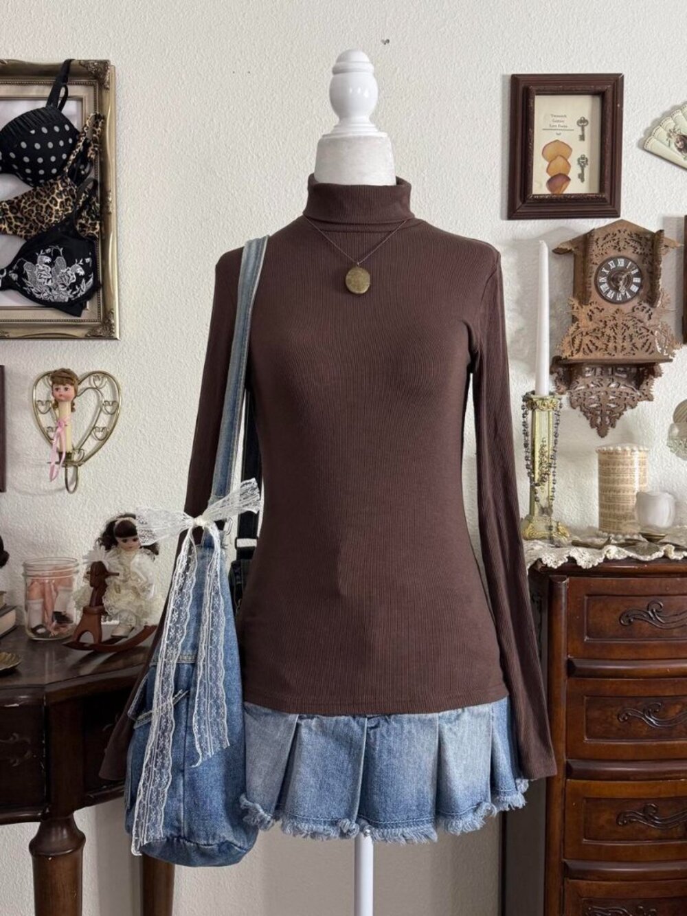 Preppy girly grunge brown ribbed turtle neck long sleeve top